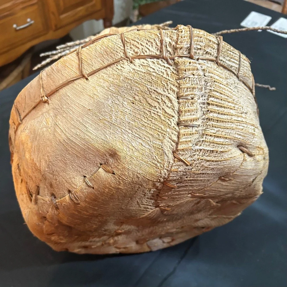 Handmade Natural Leaf Fiber Basket Twig Handle Rustic Primitive Woven Decor